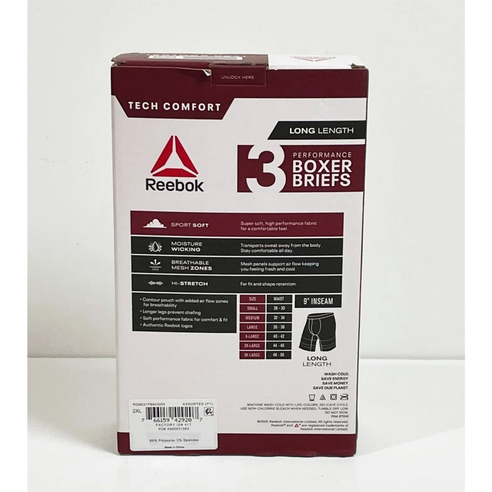 Reebok Men's Tech Comfort Performance Boxer Briefs Long Length 3 Pack 2XL